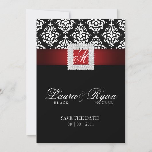 Save the Date Wedding Damask Jewel Red Schwarz-wei (Vorderseite)