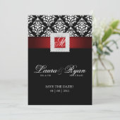 Save the Date Wedding Damask Jewel Red Schwarz-wei (Stehend Vorderseite)