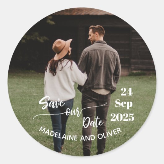 Save the Date Wedding Foto Modern Runder Aufkleber (Vorderseite)