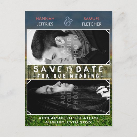 Save the Date Wedding Foto Movie Poster Thema Ankündigungspostkarte (Vorderseite)
