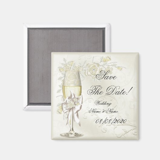 Save the Date Wedding Gold Cream Pearl Floral Rose Magnet (Vorderseite/Rückseite)