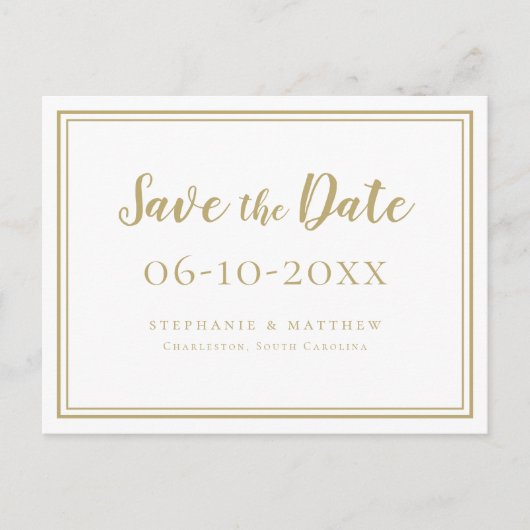 Save the Date Wedding Gold & White Simple Modern Ankündigungspostkarte (Vorderseite)