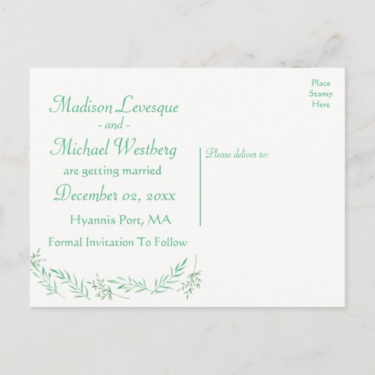 Save the Date Wedding Green Laurel Leaf Verlobung Ankündigungspostkarte (Rückseite)