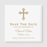 Save the Date Wedding Magnet : Religiöses Kreuz<br><div class="desc">Christlich Kreuz personalisiert Save the Date Hochzeitsmagnet in weiß mit Goldschrift. Text ist vollständig anpassbar. Die Hintergrundfarbe kann geändert werden. Designed by Heard_.</div>