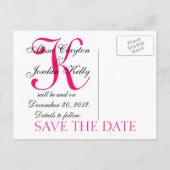 Save the Date Wedding Monogram Announcement Pink Ankündigungspostkarte (Rückseite)