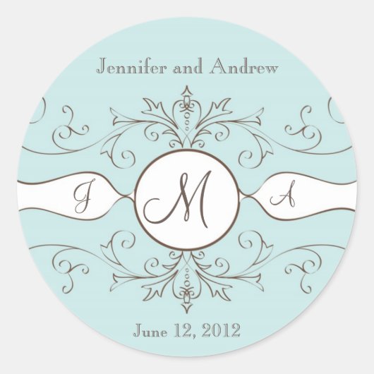 Save the Date Wedding Monogram Stickers Brown Blue (Vorderseite)
