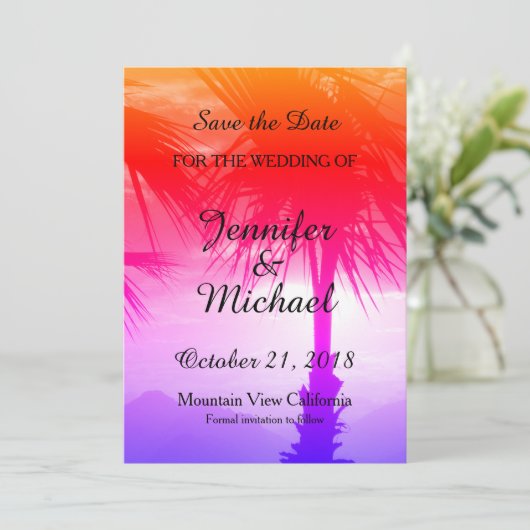 Save the Date Wedding Palm Tree Sunset Beach (Stehend Vorderseite)