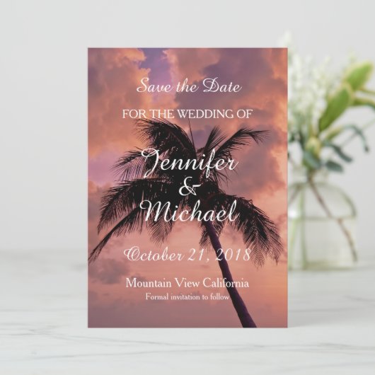 Save the Date Wedding Palm Tree Sunset Beach (Stehend Vorderseite)