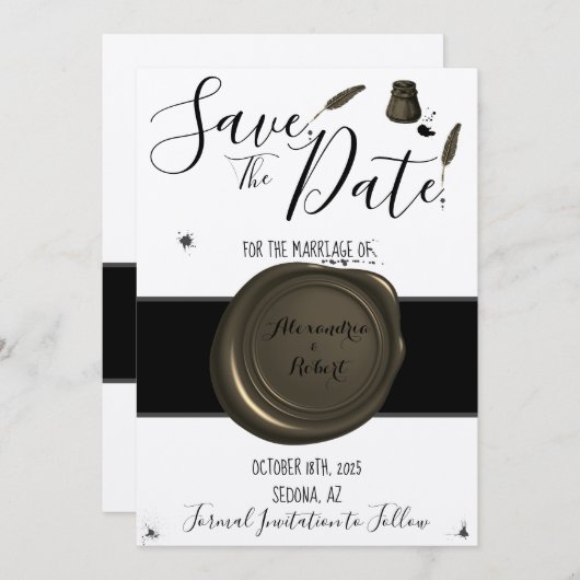 Save the Date Wedding Pen & Inkwell Einladung (Vorne/Hinten)