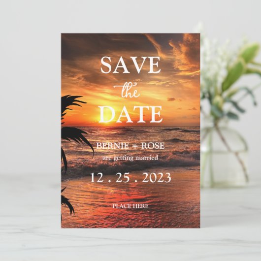 SAVE THE DATE WEDING BEACH SUNSET EINLADUNG (Stehend Vorderseite)