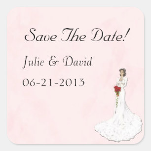 Save the Date weich rosa mit Brautkleber Quadratischer Aufkleber