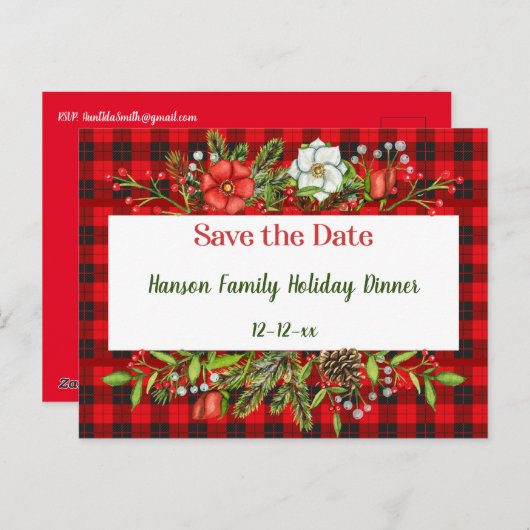 Save the Date Weihnachtsmahlzeit Flannel Einladung Postkarte (Vorne/Hinten)