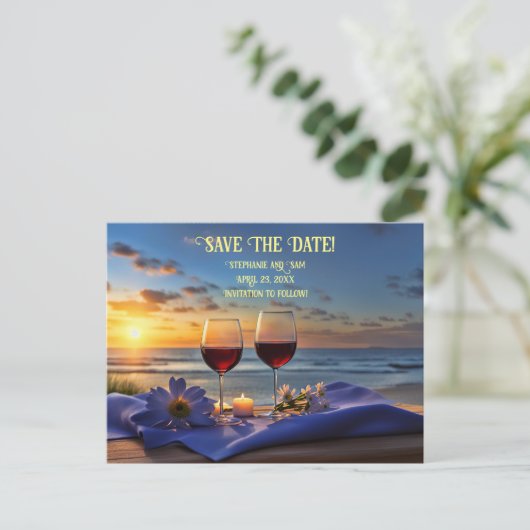 Save the Date Wein und Strand Romantik Ankündigungspostkarte (Stehend Vorderseite)