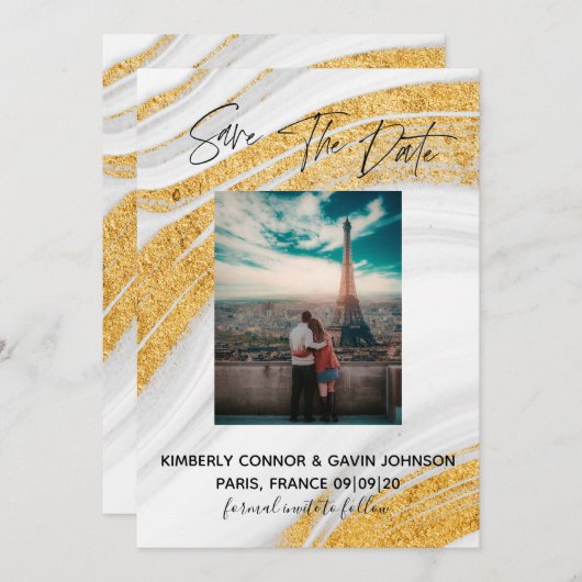 Save The Date |Weiß, Grau und Gold Agate Geode (Vorne/Hinten)