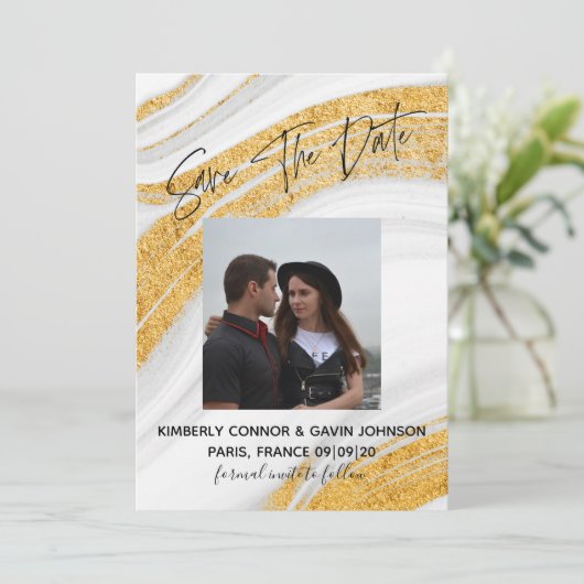 Save The Date |Weiß, Grau und Gold-Marmor (Stehend Vorderseite)