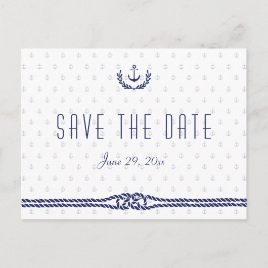 Save the Date weiß mit Ankern Ankündigungspostkarte (Vorderseite)