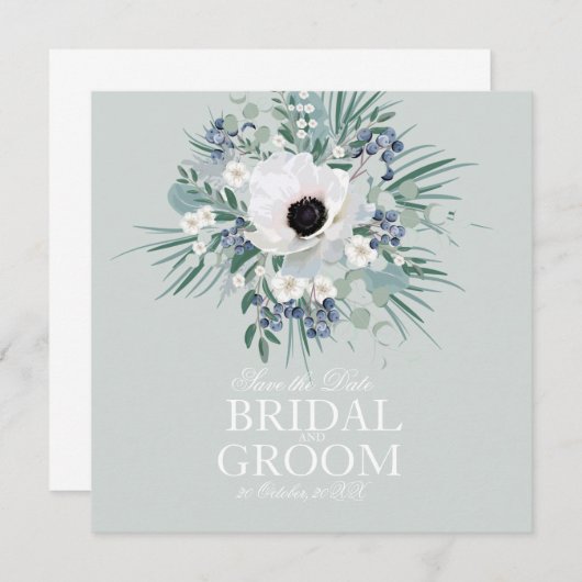 Save the Date weiße Anemone Salbeigrün Einladung (Vorne/Hinten)