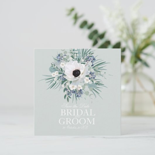 Save the Date weiße Anemone Salbeigrün Einladung (Stehend Vorderseite)