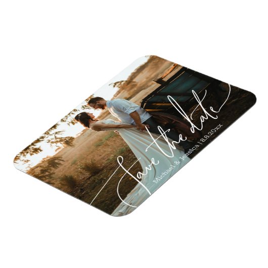 Save the Date, weiße handgeschriebene Hochzeitsfei Magnet (Linke Seite)