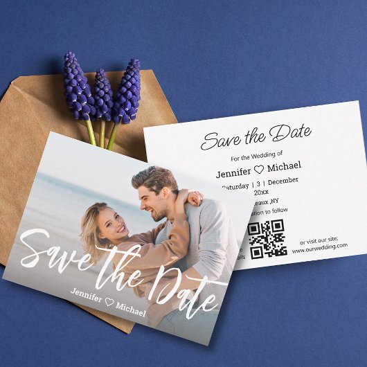 Save the Date weiße Handschrift ql Code Foto chic Mitteilungskarte