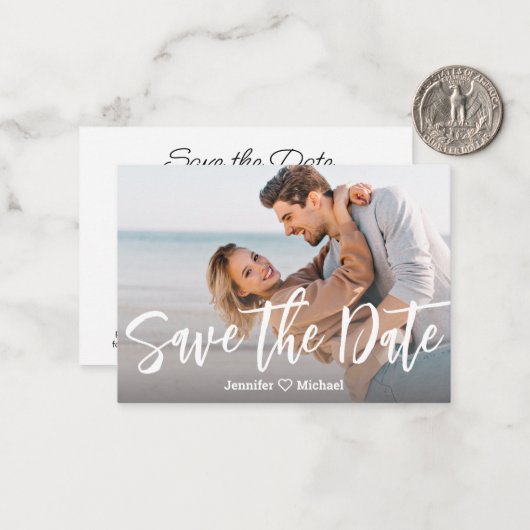 Save the Date weiße Handschrift ql Code Foto chic Mitteilungskarte (Vorderseite/Rückseite Beispiel)