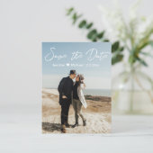Save the Date weiße Handschrift zwei Fotos Ankündigungspostkarte (Stehend Vorderseite)