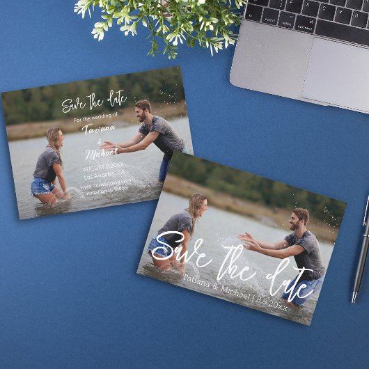 Save the Date weiße Handschrift zwei Fotos Mitteilungskarte