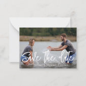 Save the Date weiße Handschrift zwei Fotos Mitteilungskarte (Vorderseite)