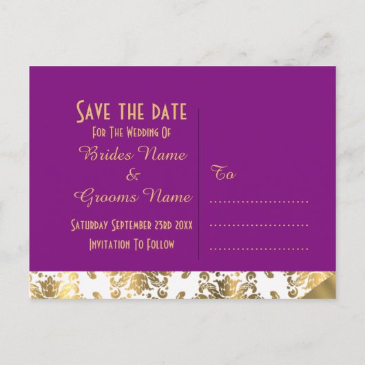 Save the Date weißer, lila und goldener Damast Ankündigungspostkarte (Rückseite)