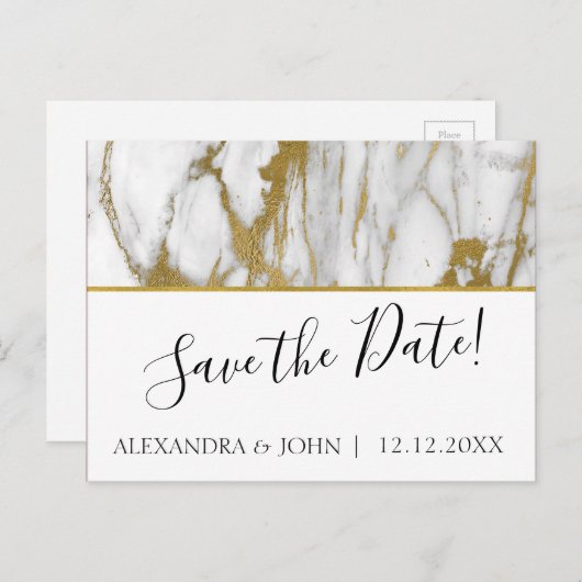 Save the Date weißer und goldfarbener Marmor Postkarte (Vorne/Hinten)