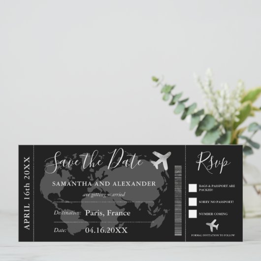 Save the Date Weltkarte Boarding Pass (Stehend Vorderseite)
