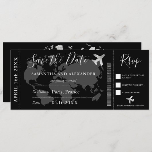 Save the Date Weltkarte Boarding Pass (Vorne/Hinten)