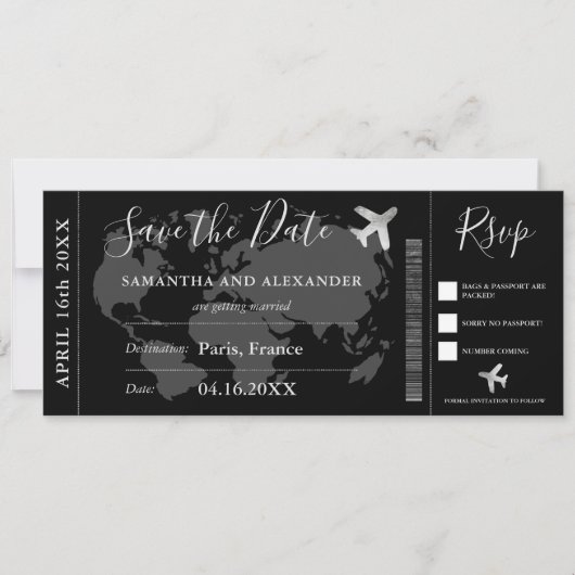 Save the Date Weltkarte Boarding Pass (Vorderseite)