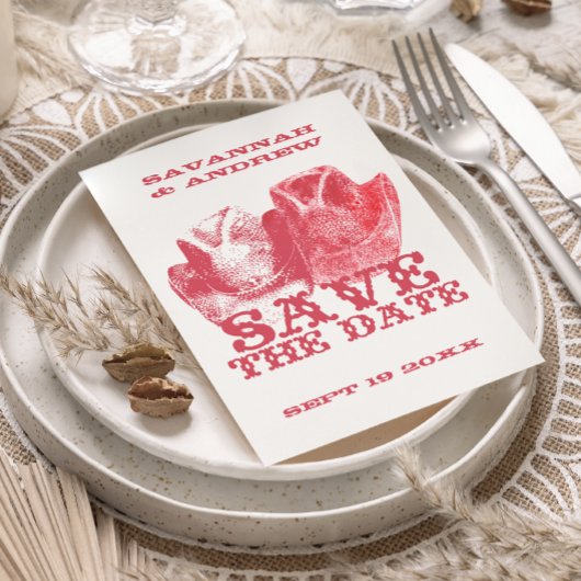 Save the Date Western Saddle Pink Cowboy Hat Ankündigungspostkarte