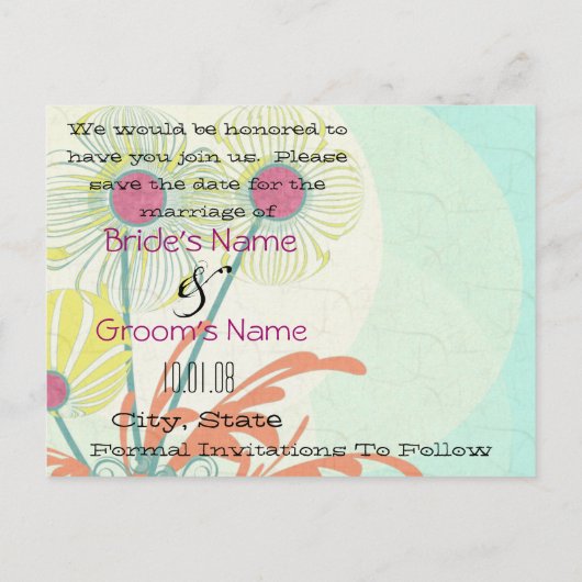 Save the Date Whimsikische Blume Helle Farben Ankündigungspostkarte (Rückseite)