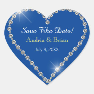 Save the Date, White Diamond Heart Names Deep Blue Herz-Aufkleber