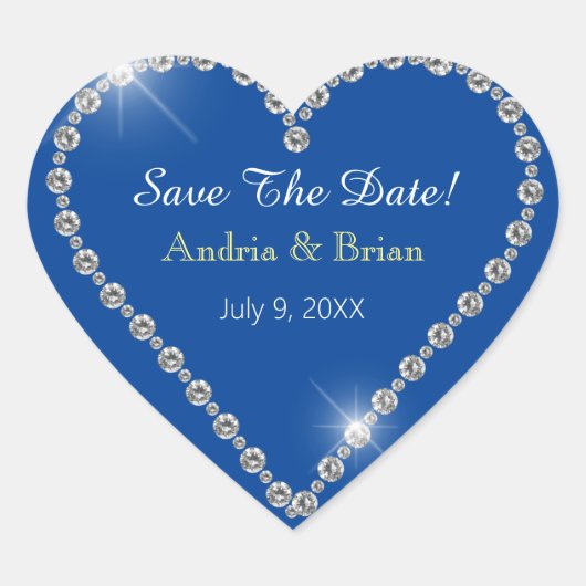 Save the Date, White Diamond Heart Names Deep Blue Herz-Aufkleber (Vorderseite)
