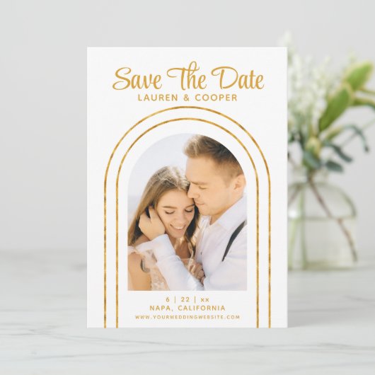 Save the Date White Gold Stilvolle Art Deco Hochze (Stehend Vorderseite)