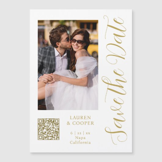 Save the Date White Gold Stylish Script Modern Magnetkarte (Vorderseite)