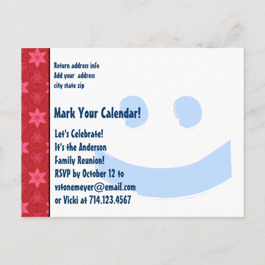 Save the Date Wiedersehen Red White Blue V01C Ankündigungspostkarte (Rückseite)