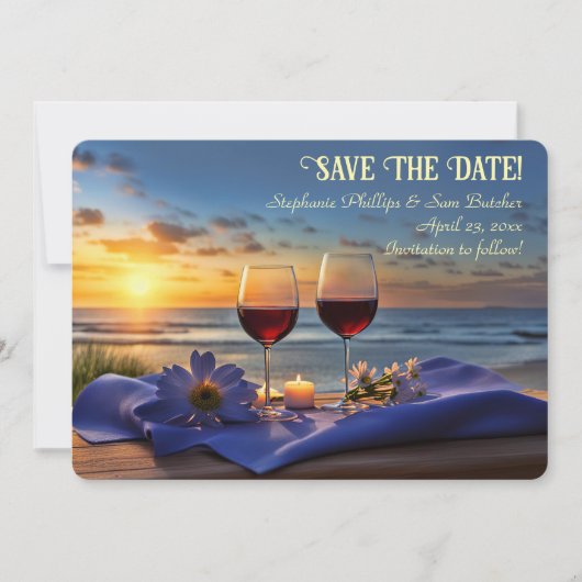 Save the Date Wine on the Beach Sunset Einladung (Vorderseite)
