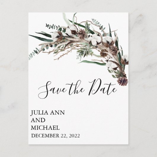 Save the Date Winter Foliage Weihnachtswolle Postkarte (Vorderseite)