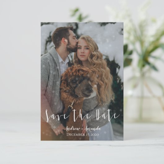 Save the Date Winterhochzeit mit Schneeeffekt (Stehend Vorderseite)