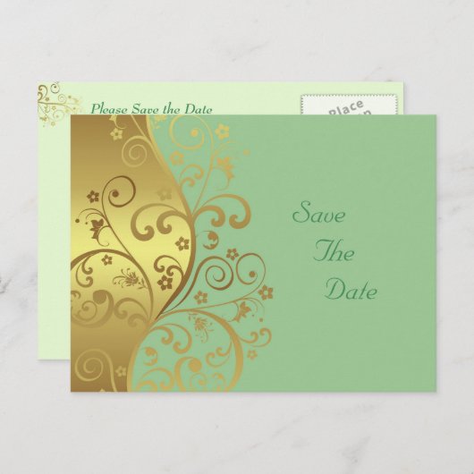 Save the Date - Wirbel aus Gold und Meeresfrüchte Ankündigungspostkarte (Vorne/Hinten)