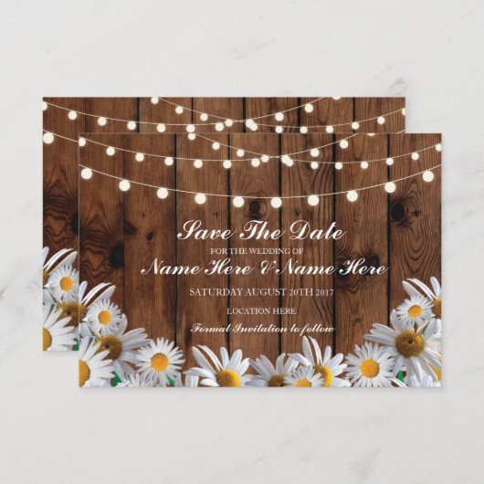 Save the Date Wood Rustic Daisy Lights Card (Vorne/Hinten)