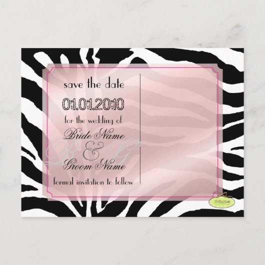 Save the Date, Zebra + Monogramm Ankündigungspostkarte (Rückseite)