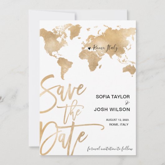 Save the Date Ziel World Map Gold Herzstück Einladung (Vorderseite)