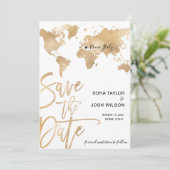 Save the Date Ziel World Map Gold Herzstück Einladung (Stehend Vorderseite)