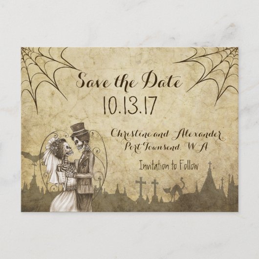 Save the Date zu Halloween Hochzeit mit Skeletten Ankündigungspostkarte (Vorderseite)