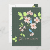 Save the Date zwei blaue Vögel auf dem Dogwood-Zwe Ankündigungspostkarte (Vorne/Hinten)